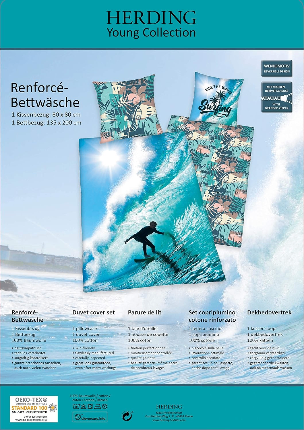 Rückseite der Verpackung vom Herding Bettwäsche Set Surfer 2 tlg. 135 x 200 cm 100% Baumwolle