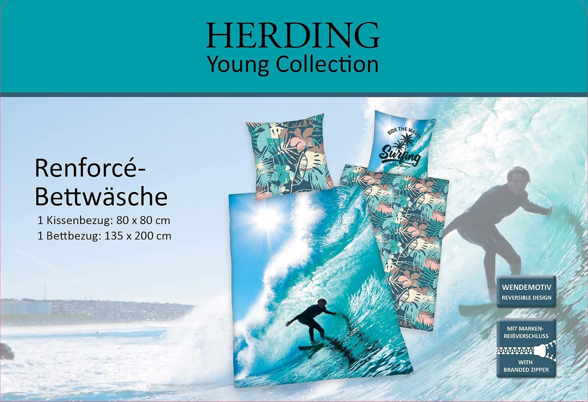 Vorderseite der Verpackung vom Herding Bettwäsche Set Surfer 2 tlg. 135 x 200 cm 100% Baumwolle