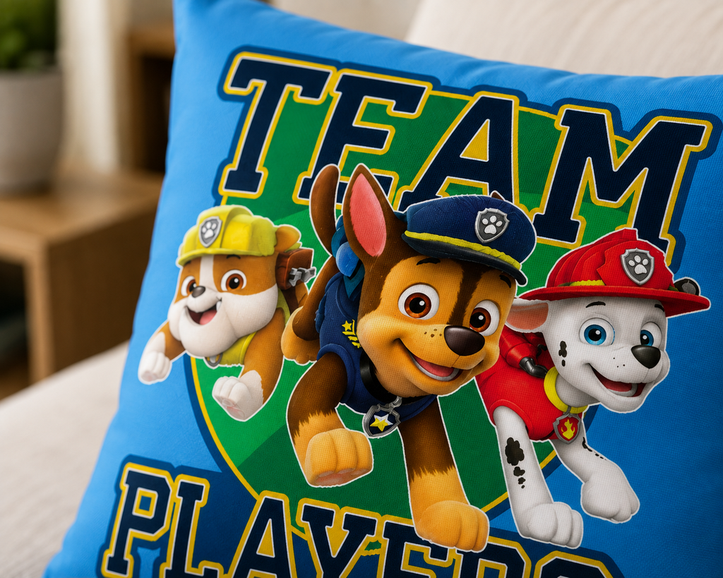 Nahaufnahme vom Paw Patrol Kissen Kuschelkissen Dekokissen 40 x 40 cm
