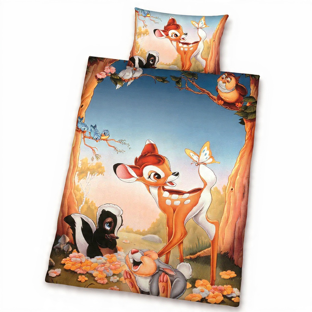 Eine Bambi-Bettwäsche, bestehend aus einem Kissenbezug und einem großen Deckenbezug mit einer Waldszene mit Bambi, Klopfer und Blume.