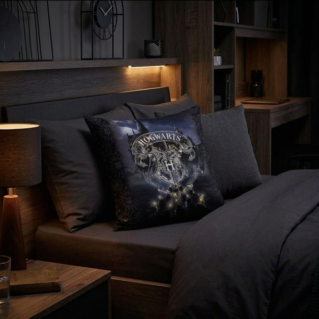 Ambiente Aufnahme vom Harry Potter Kissen Kuschelkissen Dekokissen 40 x 40 cm auf einem dunklen Bett.