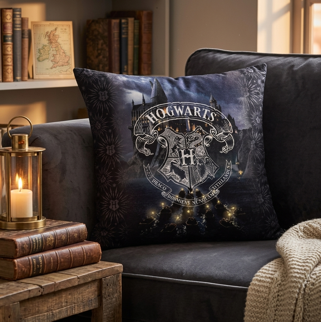 Ambiente Aufnahme vom Harry Potter Kissen Kuschelkissen Dekokissen 40 x 40 cm auf einer Couch.