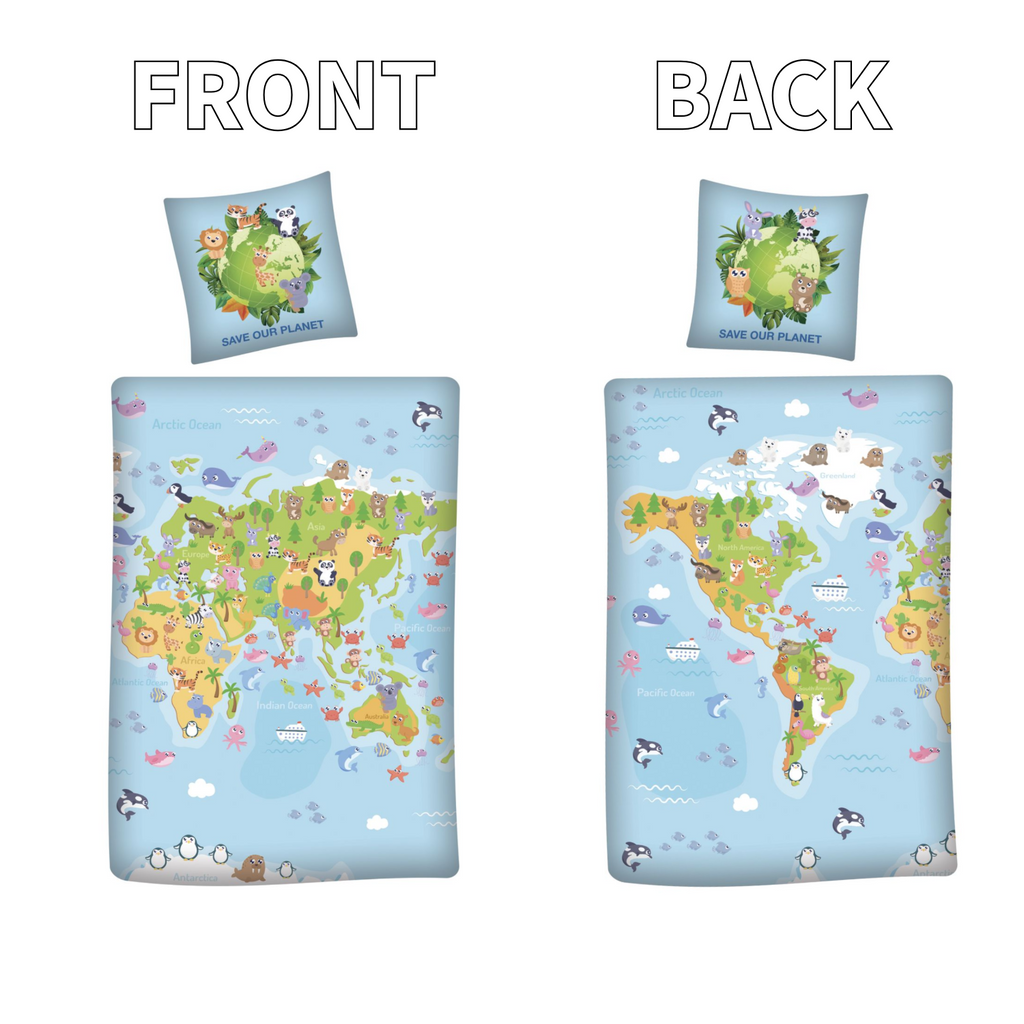 Save our Planet World Map Reversible Bedding Set 80 x 80 cm + 135 x 200 cm 100% Cotton 