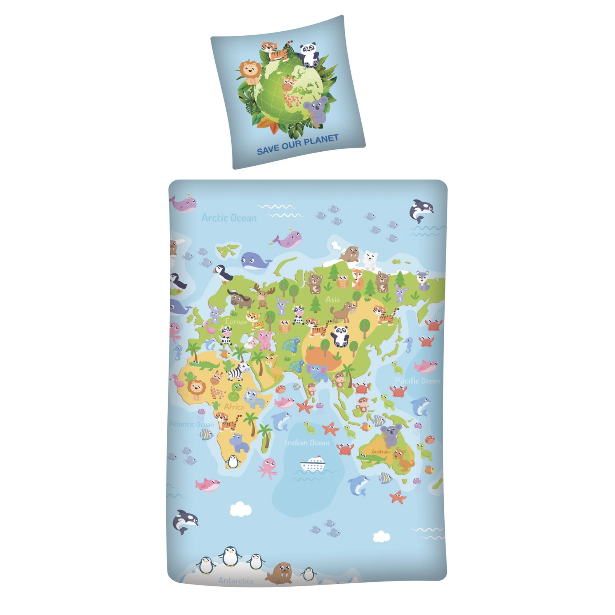 Save our Planet Weltkarte Wende Bettwäsche  80 x 80 cm + 135 x 200 cm 100% Baumwolle