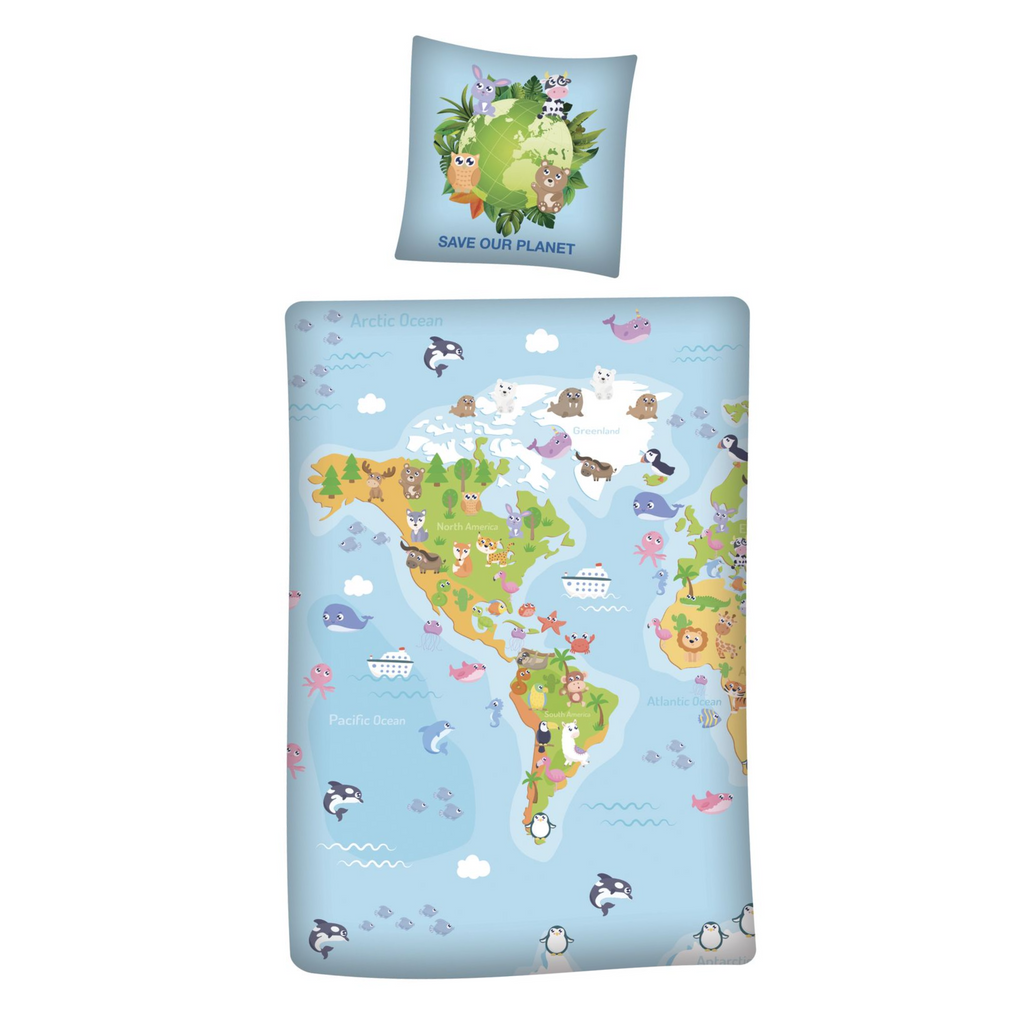 Save our Planet World Map Reversible Bedding Set 80 x 80 cm + 135 x 200 cm 100% Cotton 