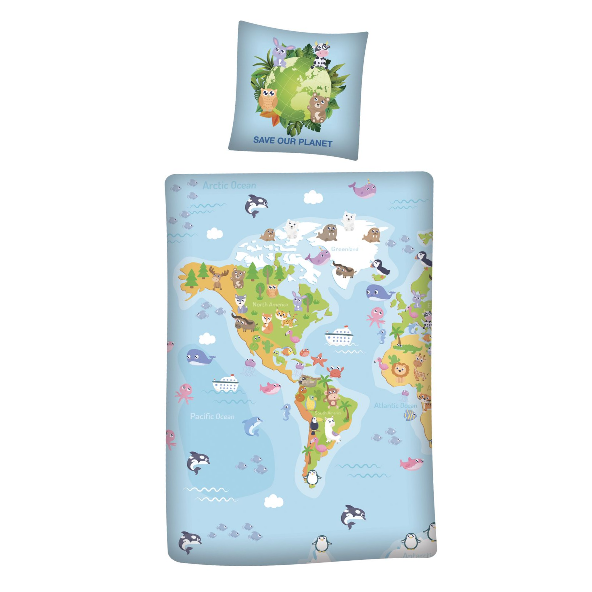 Save our Planet Weltkarte Wende Bettwäsche  80 x 80 cm + 135 x 200 cm 100% Baumwolle