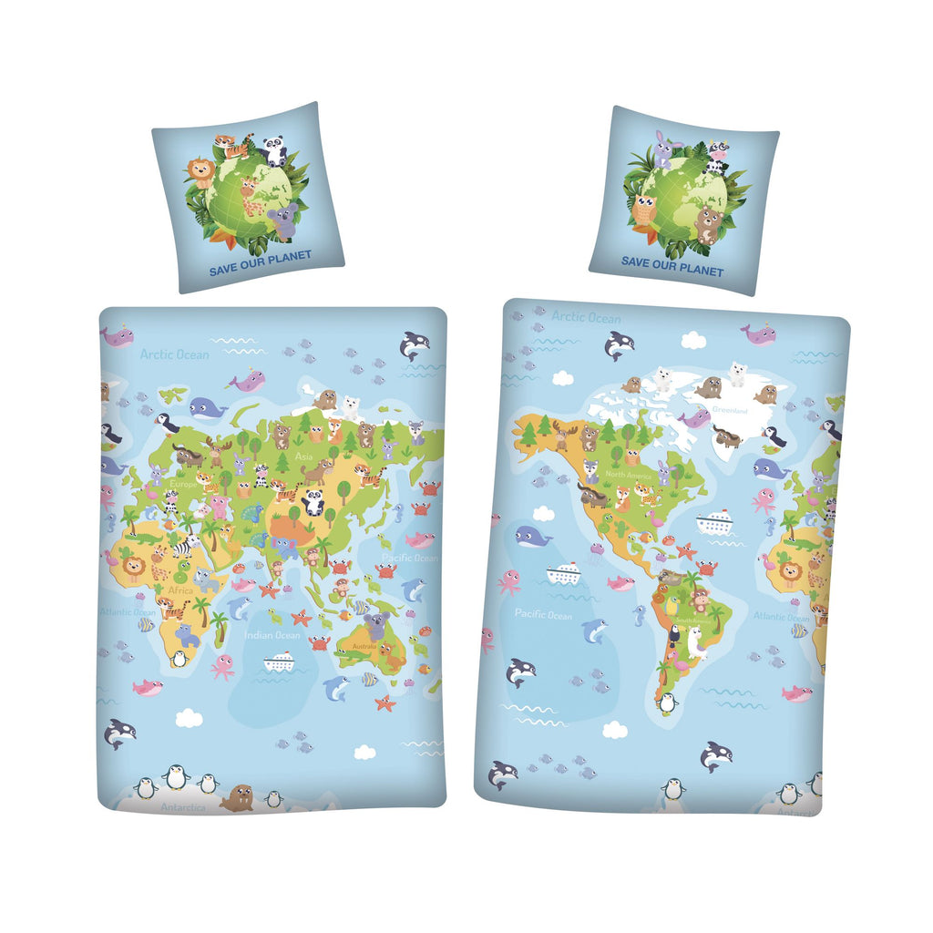 Save our Planet World Map Reversible Bedding Set 80 x 80 cm + 135 x 200 cm 100% Cotton 