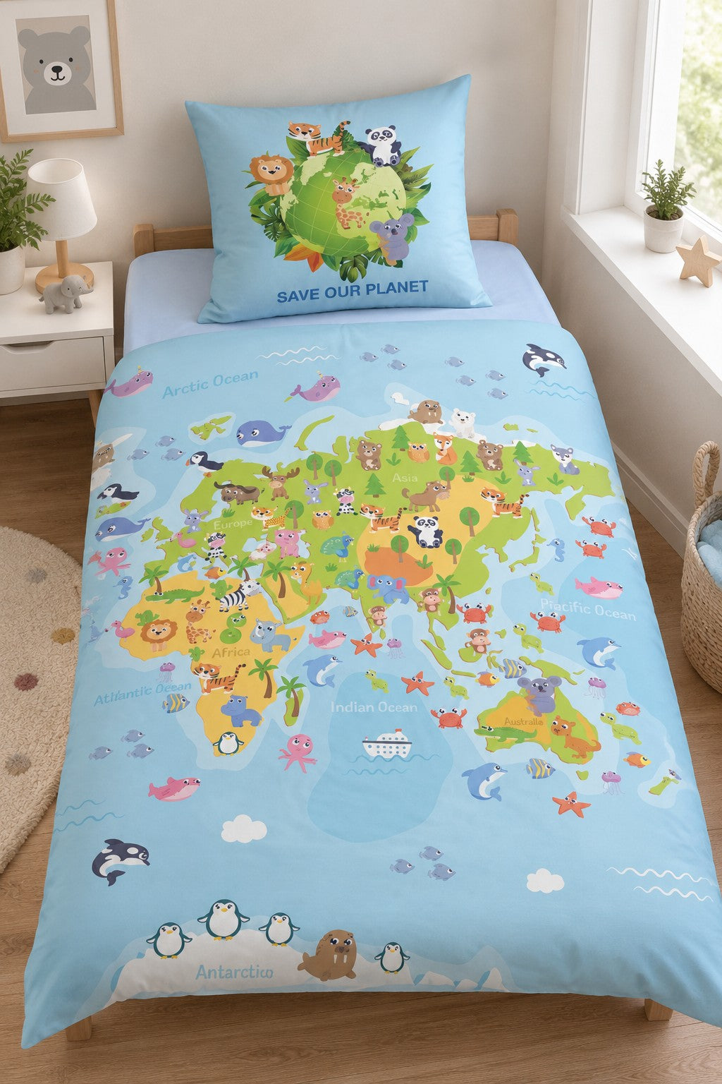 Weltkarte Wende Bettwäsche Set 135x200 cm + 80x80 cm 100% Baumwolle