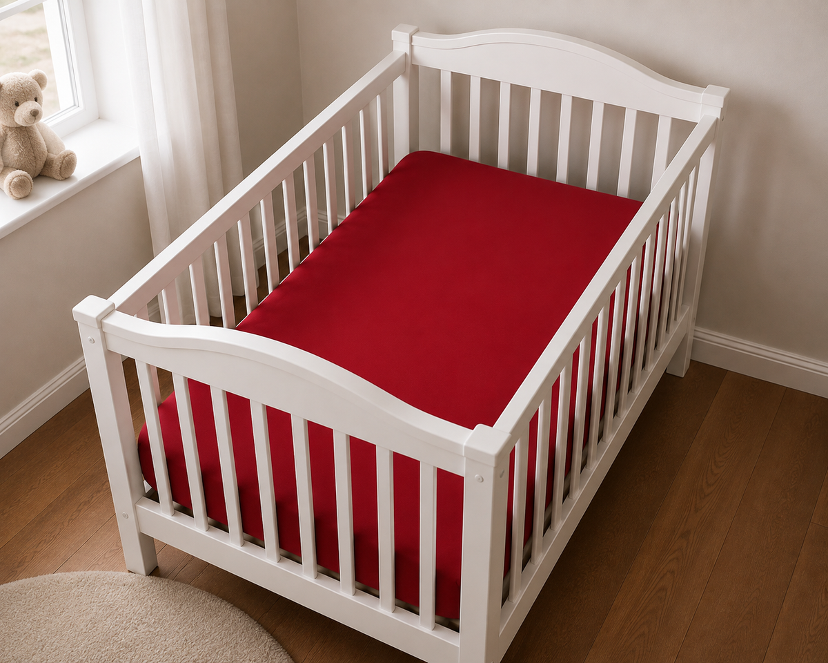 2er Set Baby Jersey Spannbetttuch 60x120 cm - 70x140 cm Rot Baumwolle aus einer schrägen Perspektive in einem Babybett dargestellt