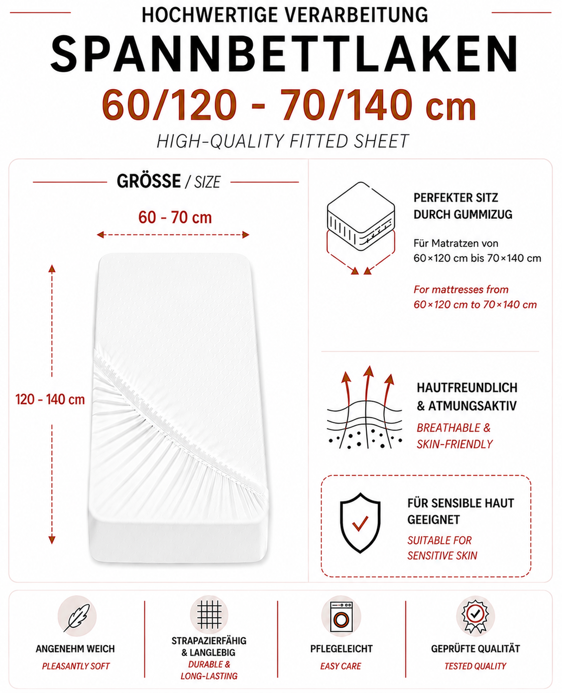 Eine informative Produktgrafik für ein Spannbettlaken in der Größe von 60/120 bis 70/140 cm mit Details zu Eigenschaften wie Gummizug für perfekten Sitz, hautfreundlicher Atmungsaktivität und Pflegeleichtigkeit.