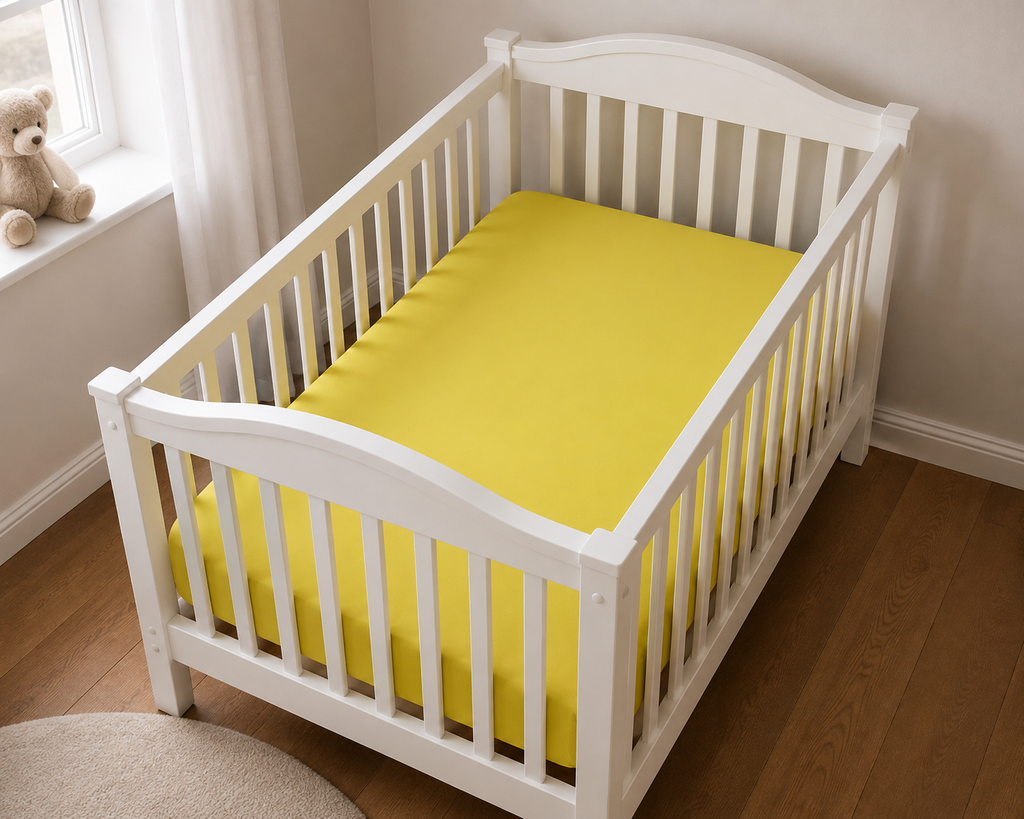 2er Set Baby Jersey Spannbetttuch 60x120 cm - 70x140 cm Gelb Baumwolle  aus einer schrägen Perspektive in einem Babybett dargestellt