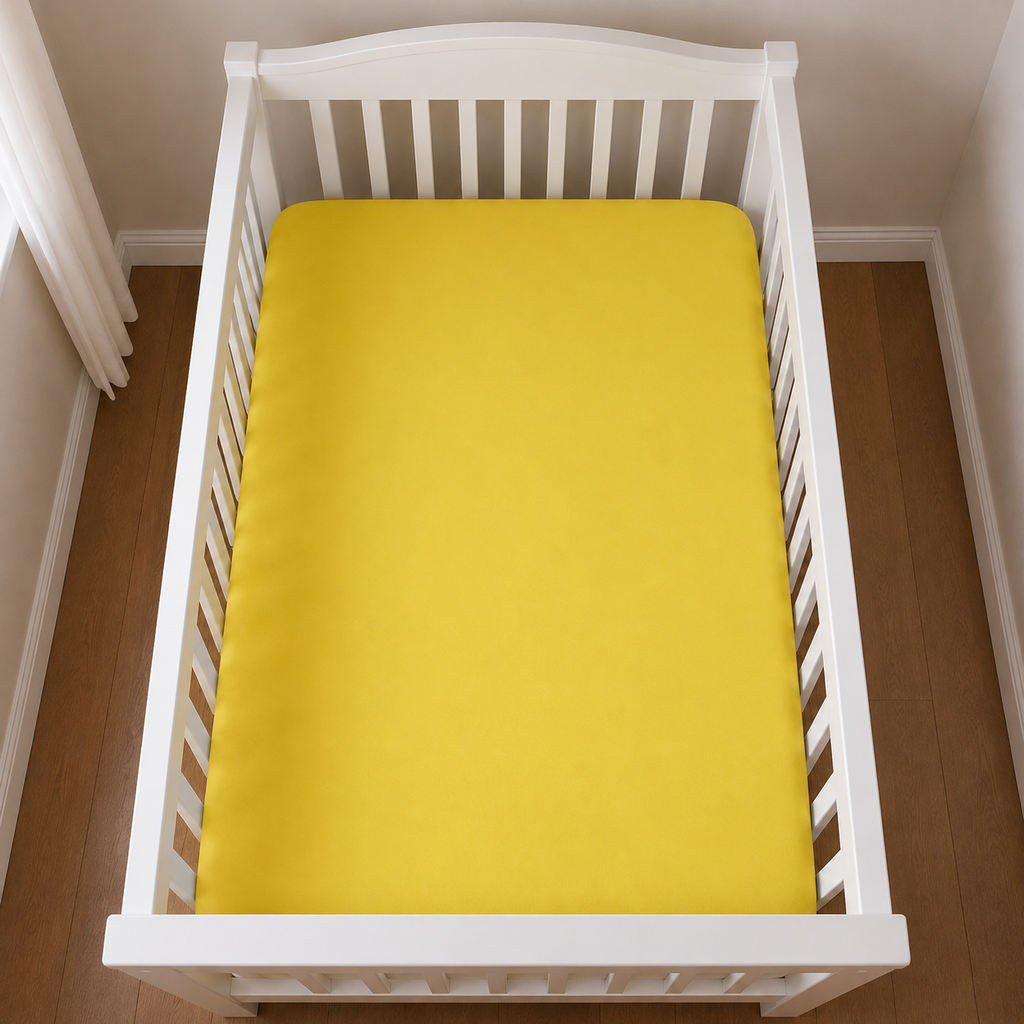 2er Set Baby Jersey Spannbetttuch 60x120 cm - 70x140 cm Gelb Baumwolle aus der Vogelperspektive in einem Babybett dargestellt