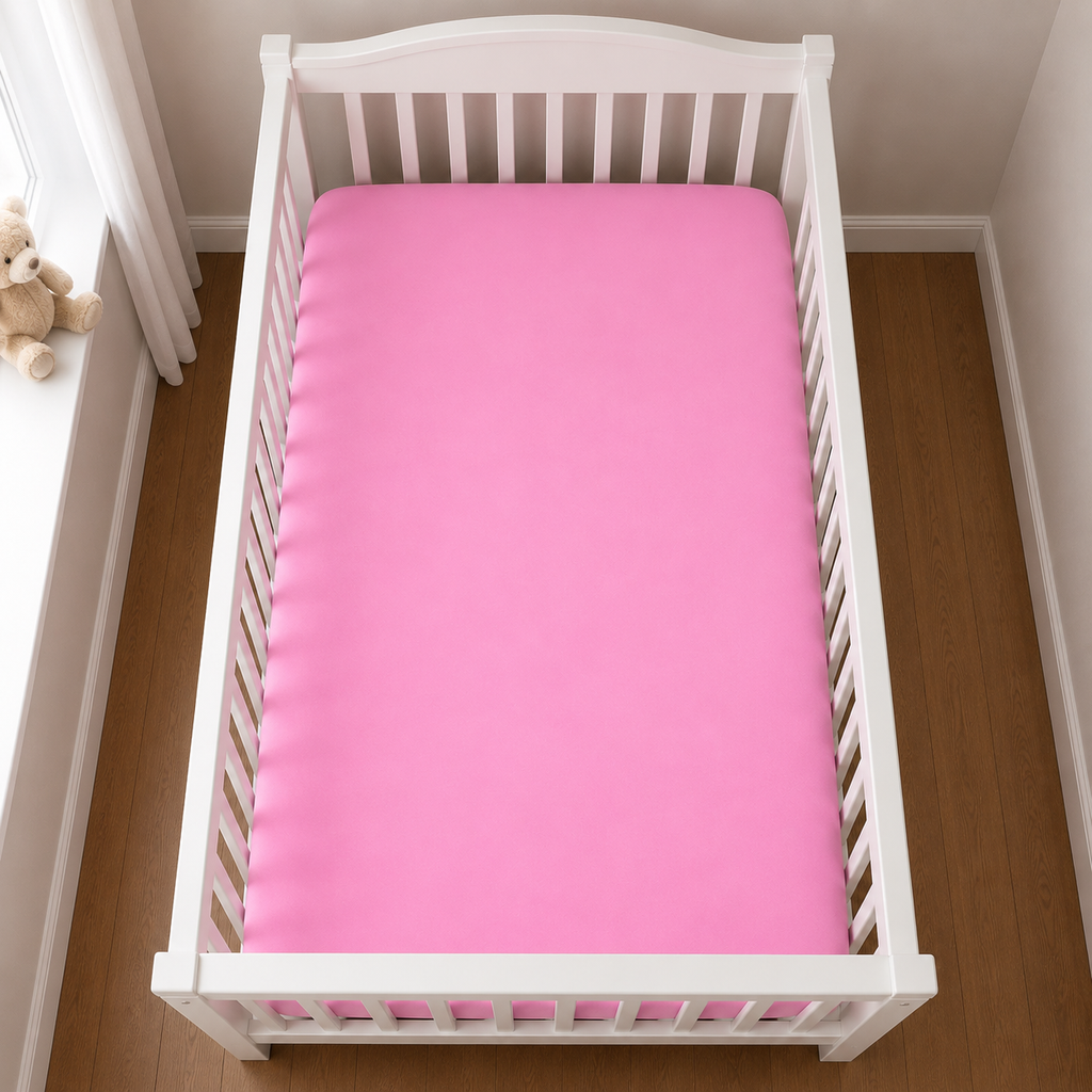 2er Set Baby Jersey Spannbetttuch 60x120 cm - 70x140 cm Blütenrosa Baumwolle aus der Vogelperspektive in einem Babybett dargestellt