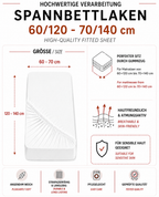 Eine informative Produktgrafik für ein Spannbettlaken in der Größe von 60/120 bis 70/140 cm mit Details zu Eigenschaften wie Gummizug für perfekten Sitz, hautfreundlicher Atmungsaktivität und Pflegeleichtigkeit.