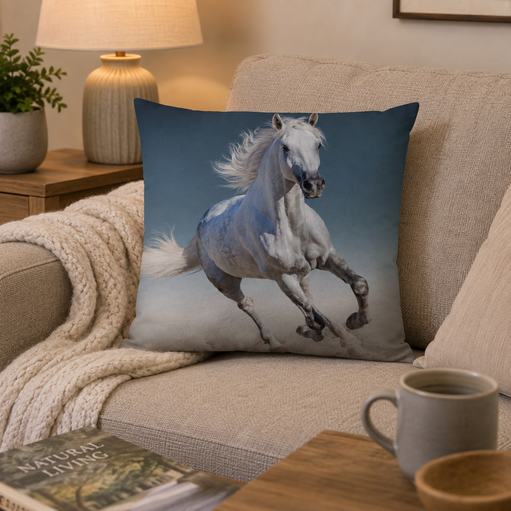 Ambiente Aufnahme vom Kissen Kuschelkissen Dekokissen weißes Pferd 40x40 cm auf einem Sofa.