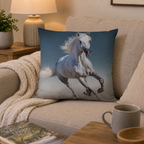 Ambiente Aufnahme vom Kissen Kuschelkissen Dekokissen weißes Pferd 40x40 cm auf einem Sofa.