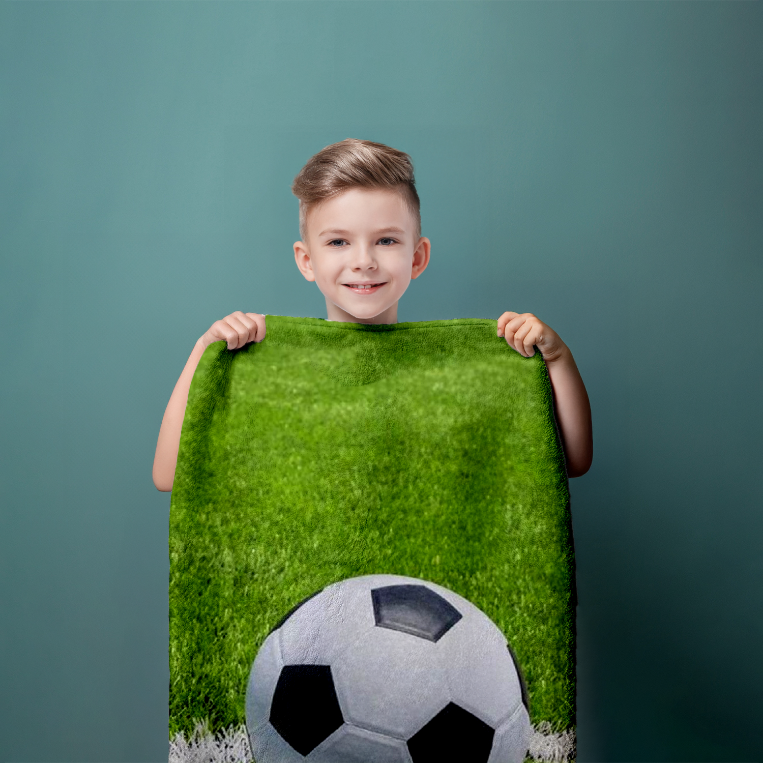 Junge hält Fußball Duschtuch Badetuch Handtuch Strandtuch 70 x 140 cm Baumwolle in der Hand