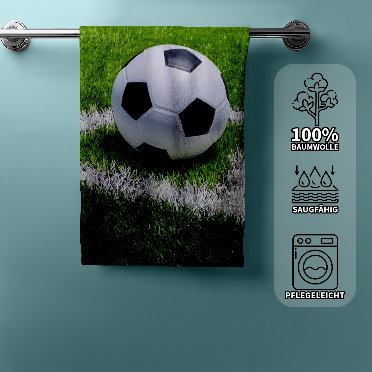 Fußball Duschtuch Badetuch Handtuch Strandtuch 70 x 140 cm Baumwolle an einem Handtuchhalter aufgehangen mit Produkteigenschaften