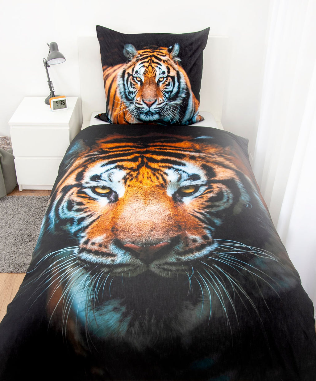 Wende Bettwäsche Set mit Tiger 135 x 200 cm 80 x 80 cm 100% Baumwolle