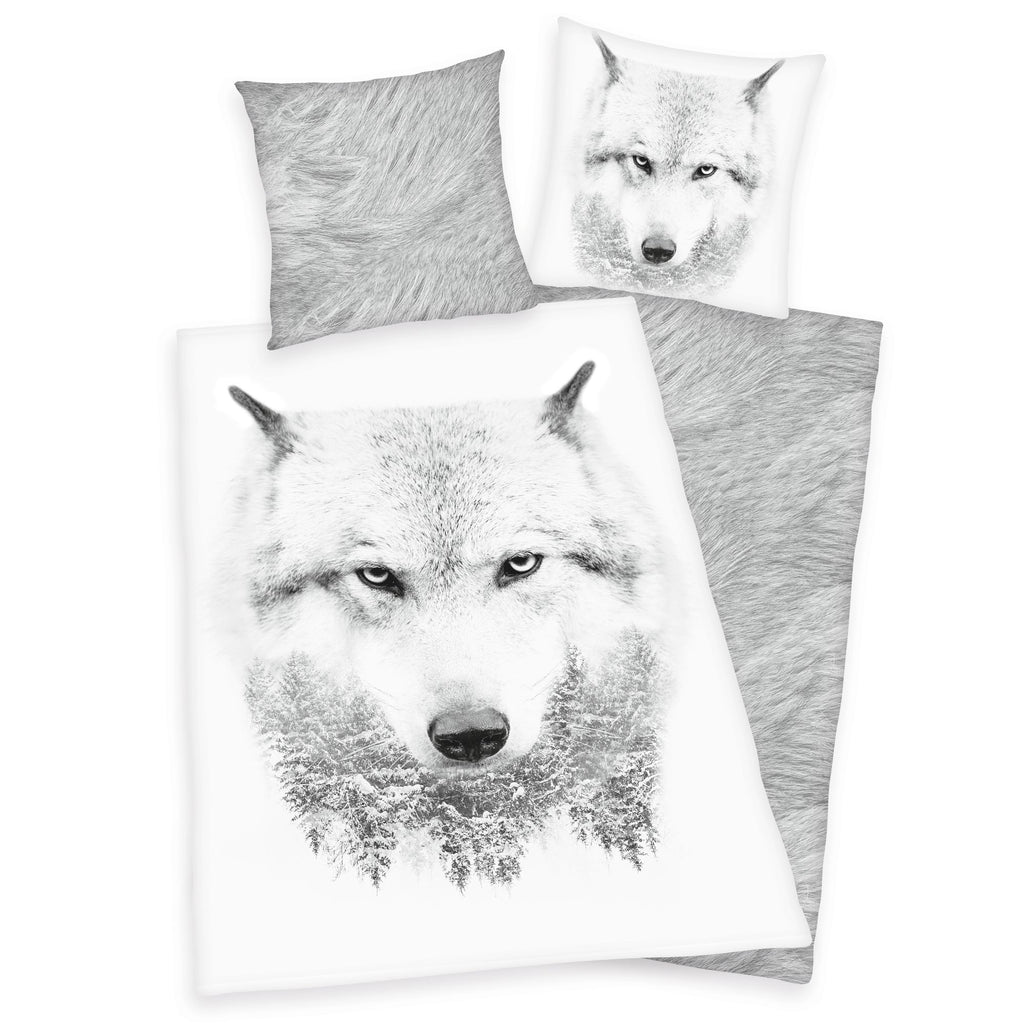 Flanell Bettwäsche Set mit Wolf 135 x 200 cm 80 x 80 cm 100% Baumwolle