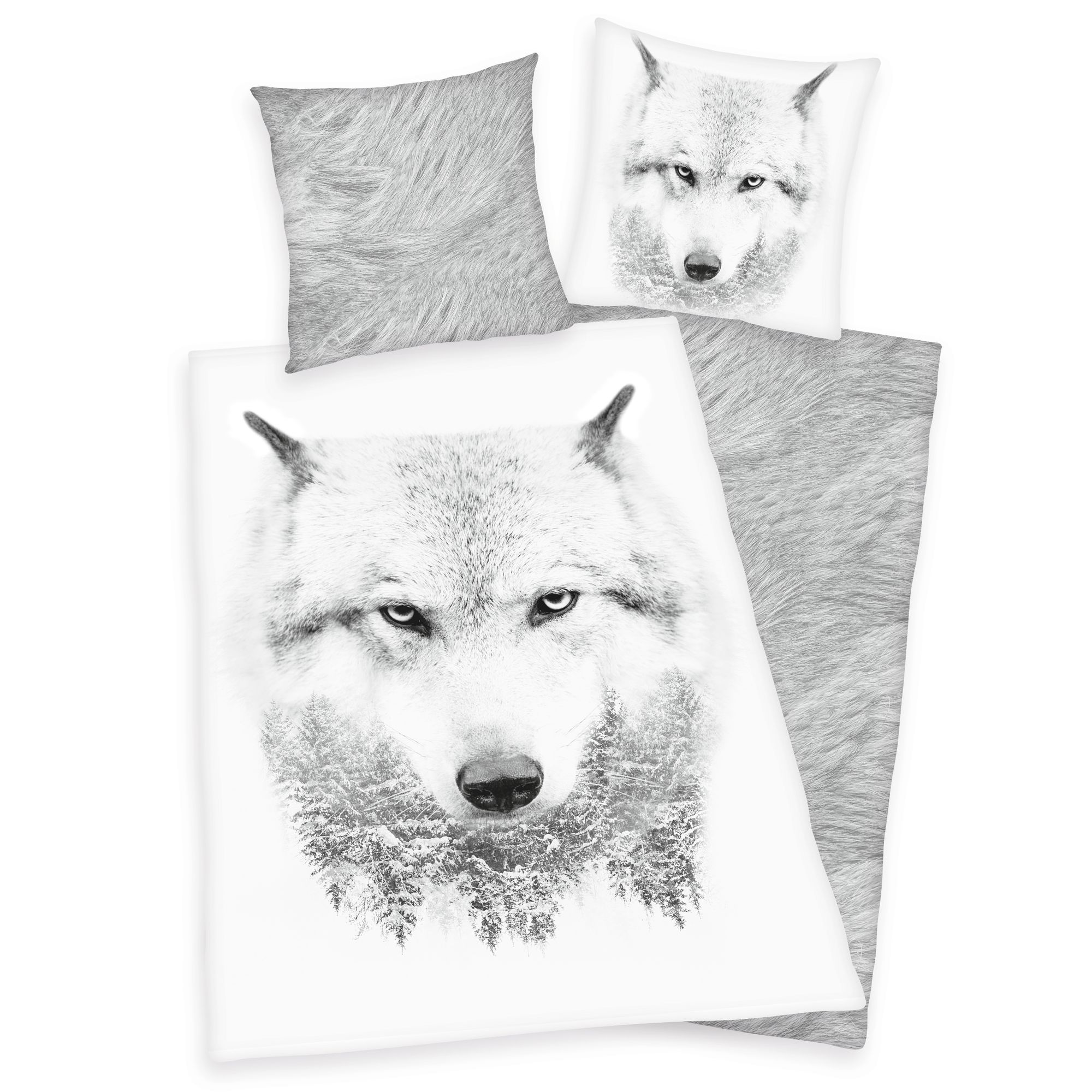 Flanell Bettwäsche Set mit Wolf 135 x 200 cm 80 x 80 cm 100% Baumwolle