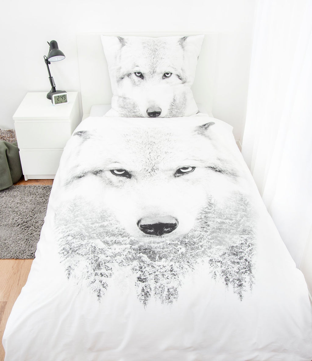 Flanell Bettwäsche Set mit Wolf 155 x 220 cm 80 x 80 cm Übergröße