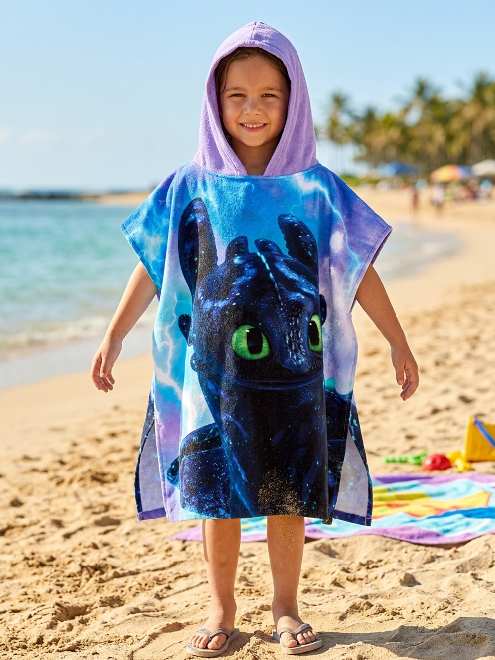 Mädchen präsentiert die Vorderseite vom Dragons Badeponcho mit Kapuze 50x115 cm, 100% Baumwolle an einem Strand.