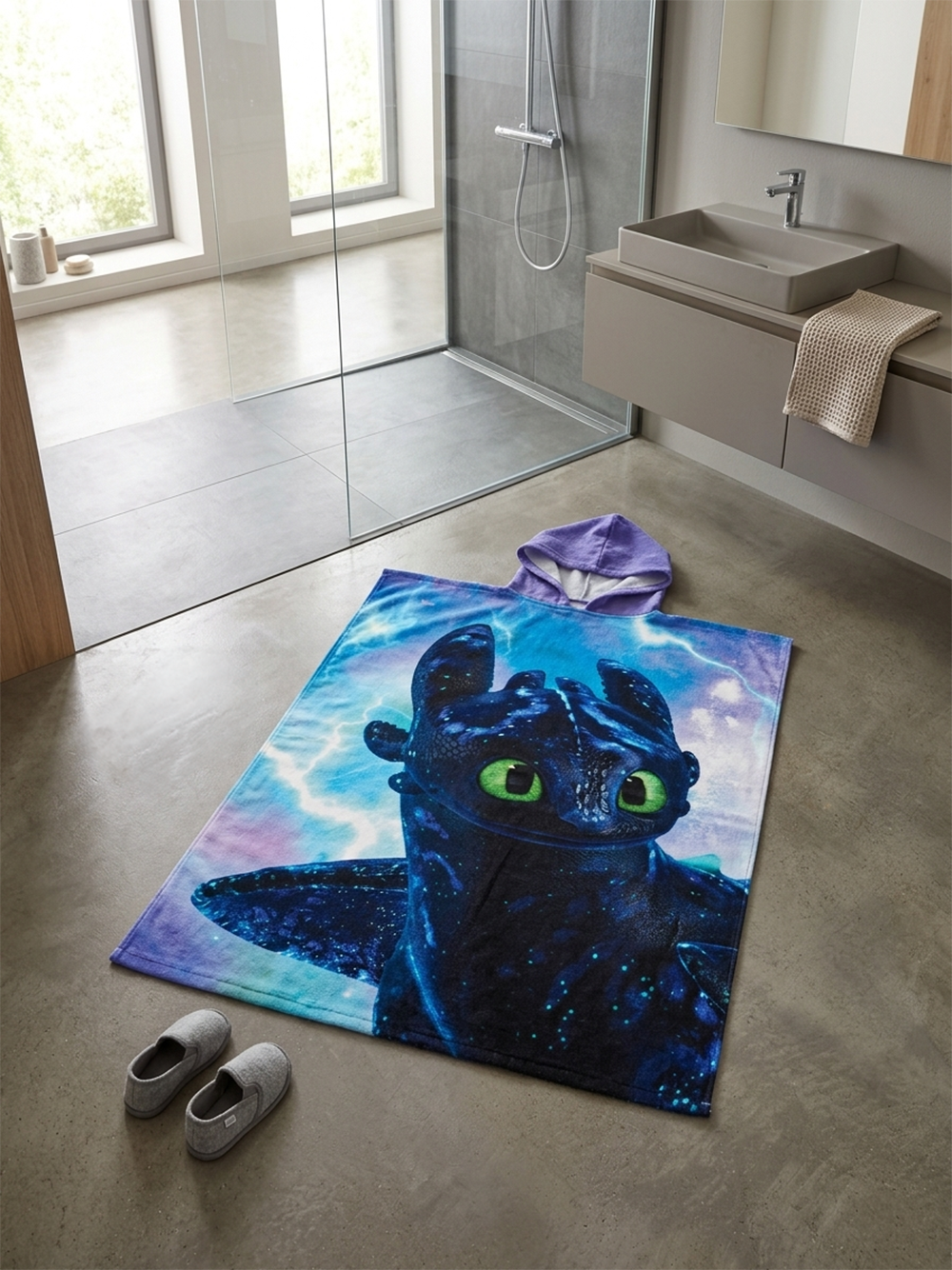 Vorderseite von Dragons Badeponcho mit Kapuze 50x115 cm, 100% Baumwolle liegt auf einem Badezimmerboden.