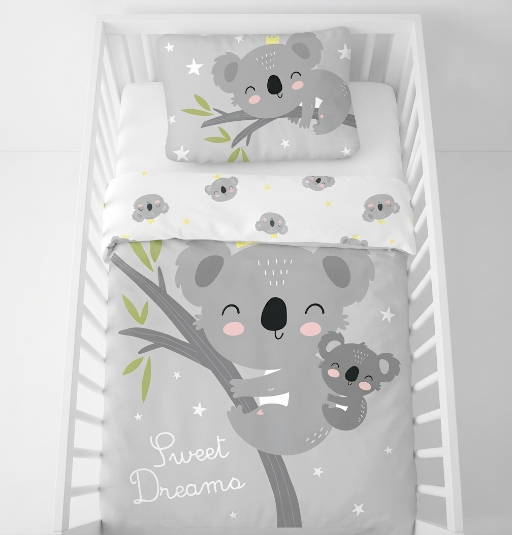 Studio-Aufnahme von Baby Bettwäsche mit Koala 100x135 cm 40x60 cm 100% Baumwolle in einem Babybett