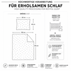 Eine informative Produktgrafik mit den Maßen von 60 x 40 cm für den Kissenbezug und 135 x 100 cm für den Bettbezug sowie Hinweisen zu schadstoffgeprüfter Qualität, Hautfreundlichkeit und Eigenschaften wie angenehmer Weichheit und Pflegeleichtigkeit.