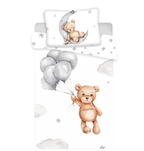 Baby Bettwäsche mit Teddy im Mond 100 x 135 cm 100% Baumwolle Vorderseite und ein Teil der Rückseite. Wolken befinden sich um den Teddy.