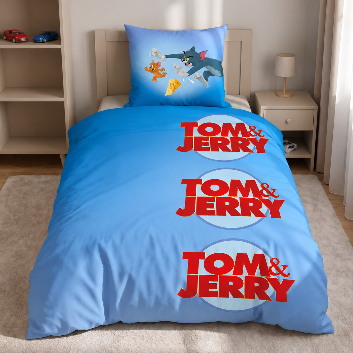 Ambiente Aufnahme der Rückseite von der Herding Bettwäsche Tom and Jerry 135x200 cm + 80x80 cm 100% Baumwolle in einem Bett
