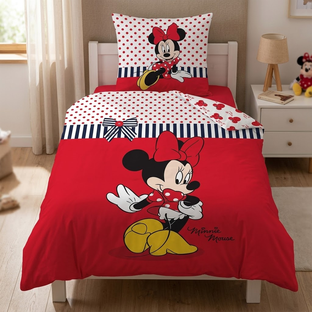 Ambiente Aufnahme von der Biber Bettwäsche Minnie Mouse Sweetie Flanell 135x200 cm Baumwolle in einem Bett