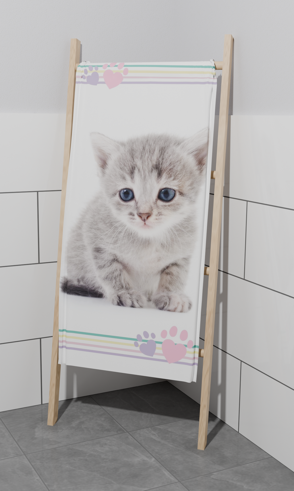 Duschtuch Badetuch Handtuch Strandtuch mit Katze 70 x 140cm aufgehangen im Badezimmer