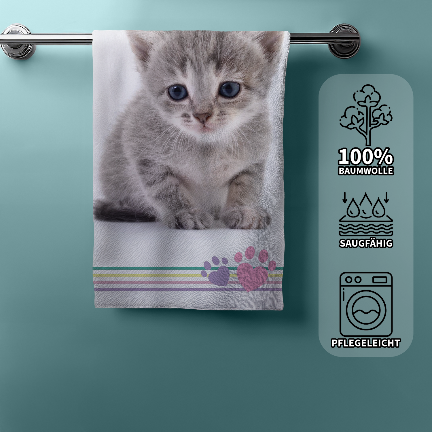 Duschtuch Badetuch Handtuch Strandtuch mit Katze 70 x 140cm hängt am Handtuchhalter mit Produkteigenschaften
