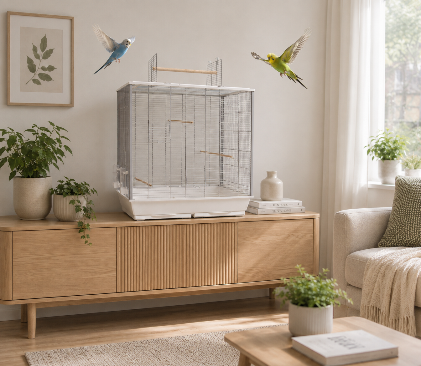 Eine helle und freundliche Wohnzimmerszene, in der das Vogelkäfig-Modell "Fiona" mit weißer Bodenschale und silbernem Gitter auf einem hölzernen Sideboard steht, während zwei Wellensittiche frei im Raum fliegen.