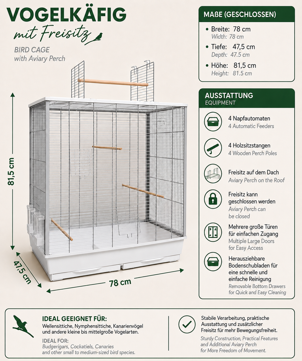 Eine Variante der Produktgrafik für den Vogelkäfig mit Freisitz in einer hellen Farbgebung mit weißer Bodenschale und silbernem Gitter.