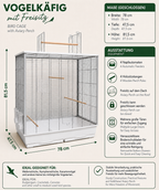 Eine Variante der Produktgrafik für den Vogelkäfig mit Freisitz in einer hellen Farbgebung mit weißer Bodenschale und silbernem Gitter.