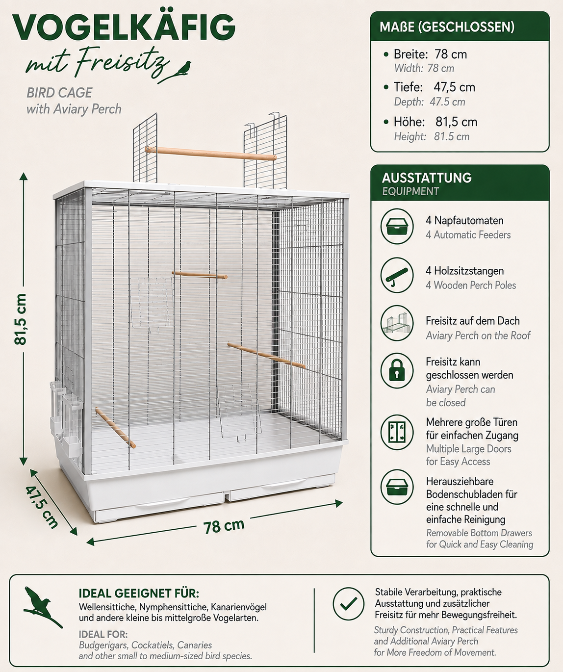 Eine Variante der Produktgrafik für den Vogelkäfig mit Freisitz in einer hellen Farbgebung mit weißer Bodenschale und silbernem Gitter.