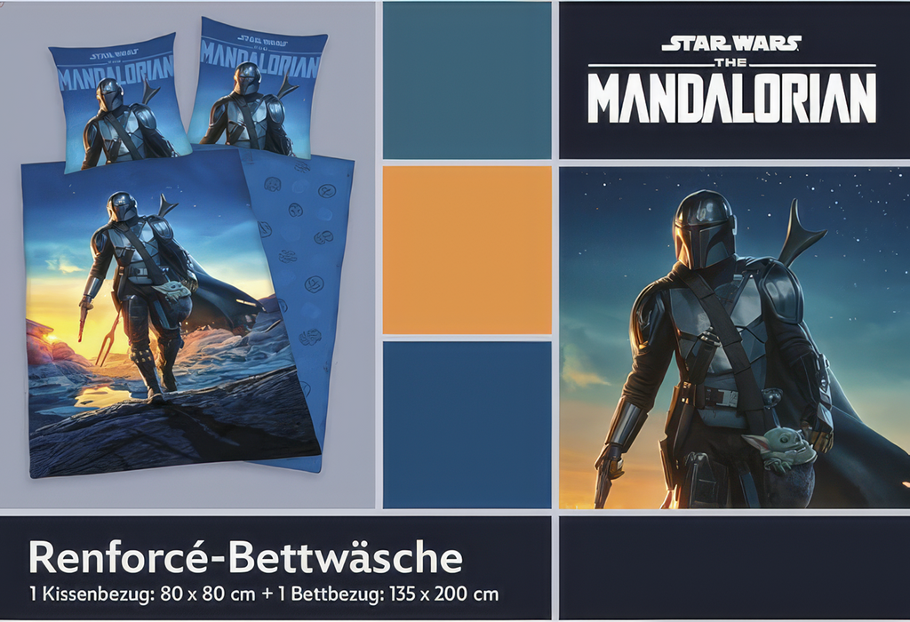 Vorderseite von der Verpackung vom Star Wars Bettwäsche Set The Mandalorian 2 tlg. 135x200 cm 80x80 cm