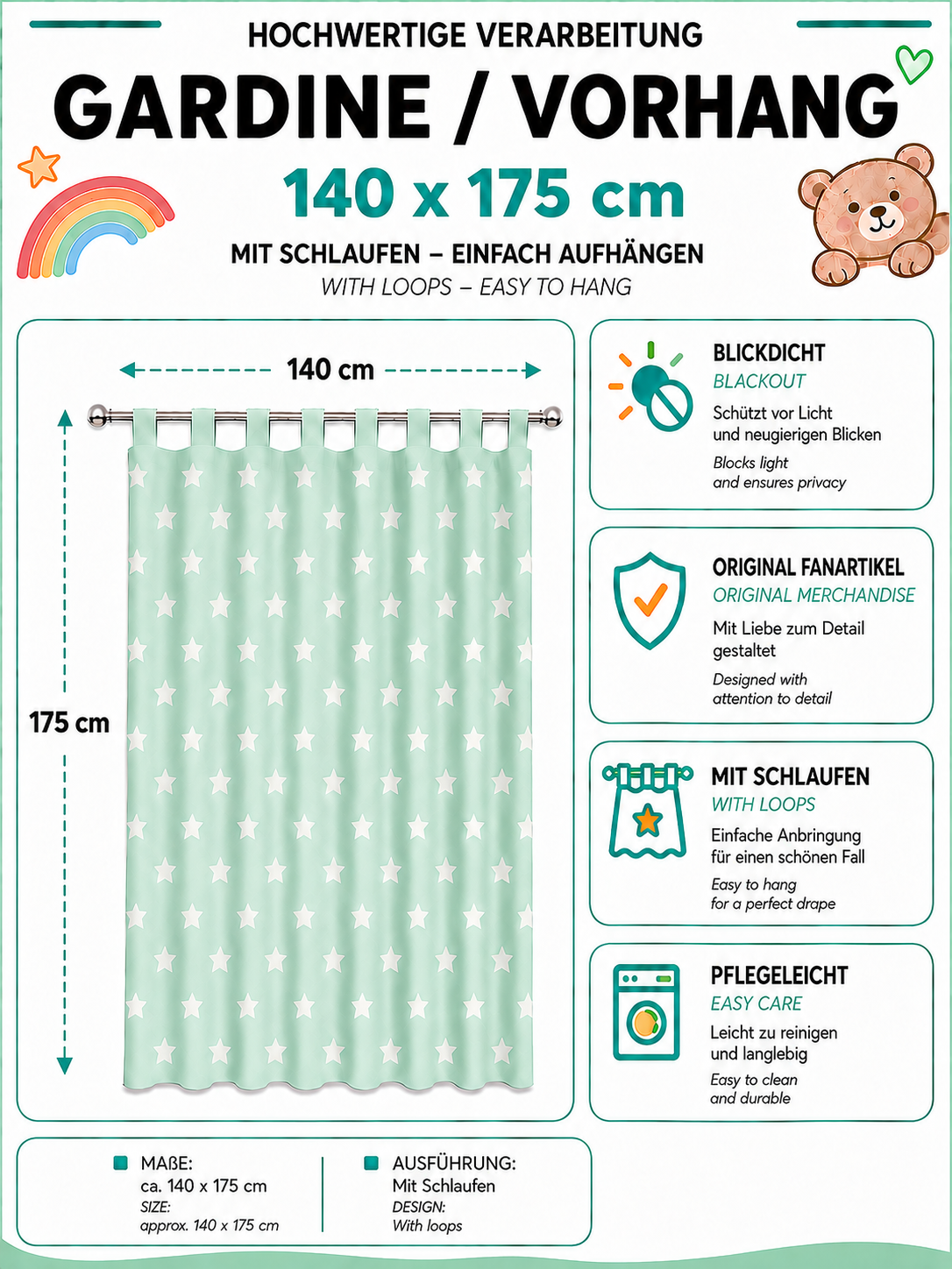 Produktgrafik für einen blickdichten Vorhang in 140 x 175 cm mit Schlaufen, Original-Fanartikel-Hinweis und Pflegeleichtigkeit.