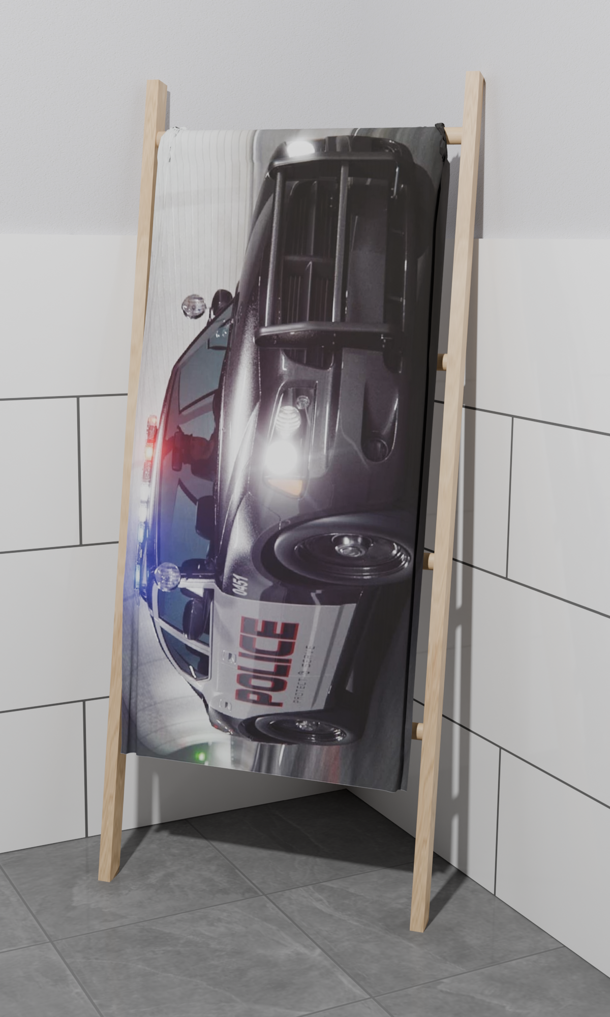 Shower towel, bath towel, hand towel, beach towel, police car design, 70 x 140 cm