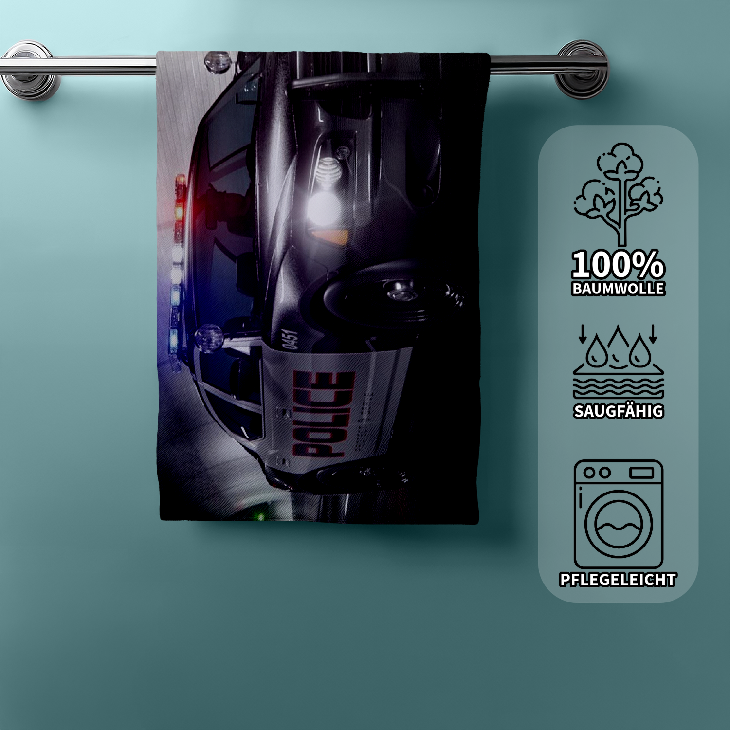 Shower towel, bath towel, hand towel, beach towel, police car design, 70 x 140 cm