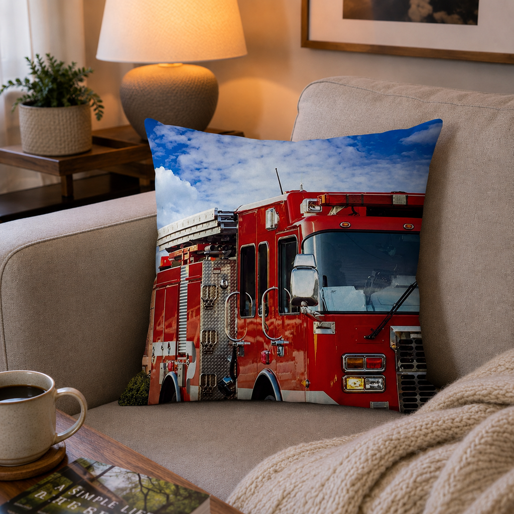 Ambiente Aufnahme von der Rückseite vom Feuerwehr Kissen Kuschelkissen Dekokissen Feuerwehrauto 40 x 40 cm