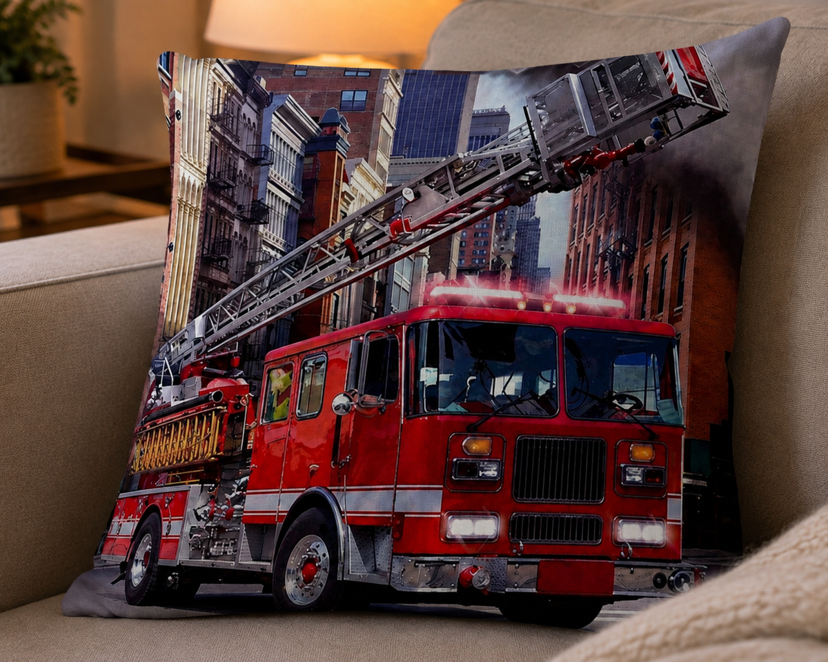 Nahaufnahme von der Vorderseite vom Feuerwehr Kissen Kuschelkissen Dekokissen Feuerwehrauto 40 x 40 cm