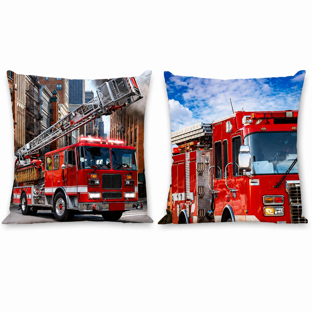 Freigestellte Produktansicht vom Feuerwehr Kissen Kuschelkissen Dekokissen Feuerwehrauto 40 x 40 cm