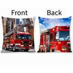 Freigestellte Produktansicht vom Feuerwehr Kissen Kuschelkissen Dekokissen Feuerwehrauto 40 x 40 cm mit Beschriftung "Front" und "Back"