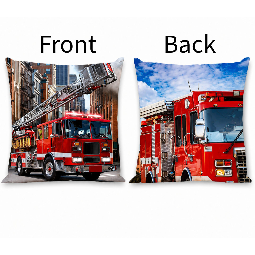 Freigestellte Produktansicht vom Feuerwehr Kissen Kuschelkissen Dekokissen Feuerwehrauto 40 x 40 cm mit Beschriftung "Front" und "Back"