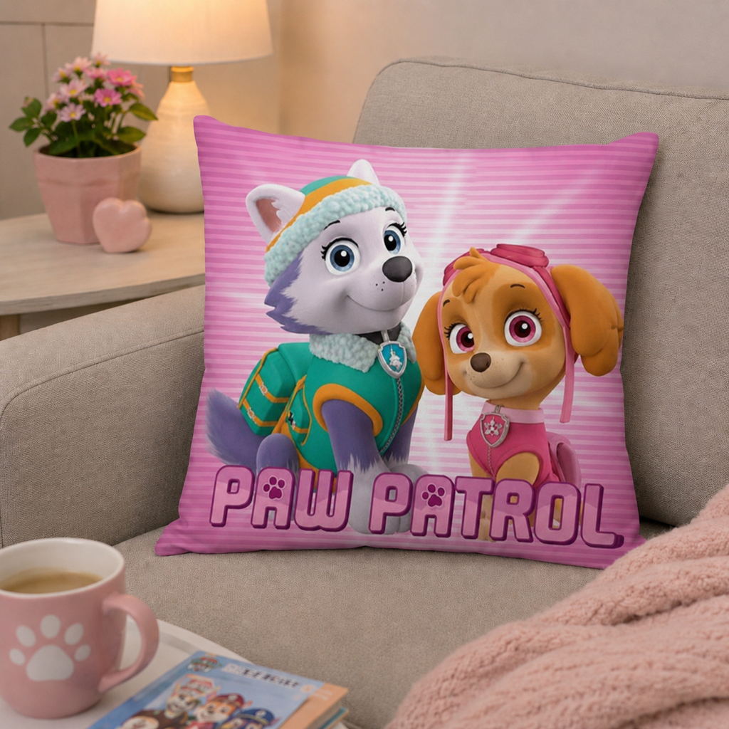 Ambiente Aufnahme von der Rückseite vom Paw Patrol Kissen Kuschelkissen Dekokissen 40 x 40 cm