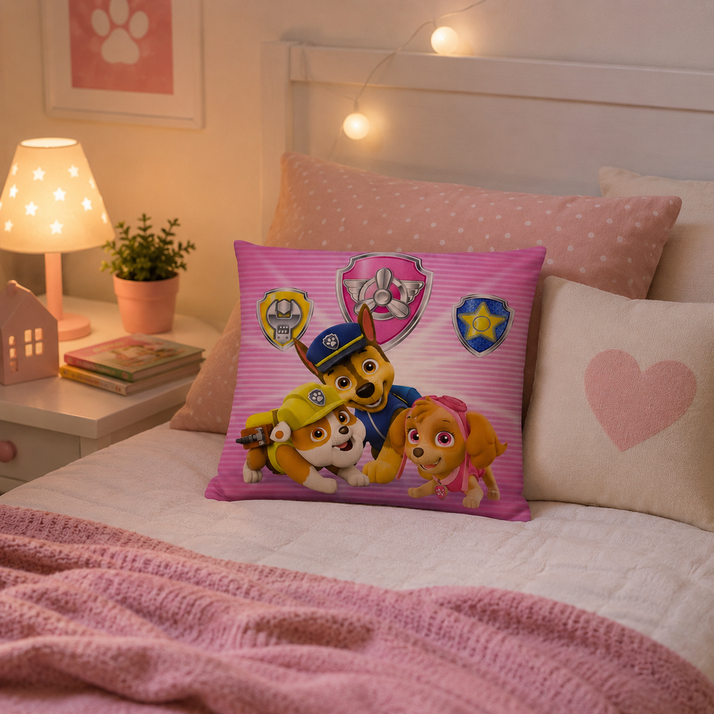 Ambiente Aufnahme vom Ambiente Aufnahme von der Vorderseite vom Paw Patrol Kissen Kuschelkissen Dekokissen 40 x 40 cm. Sanft beleuchtetes Kinderzimmer.